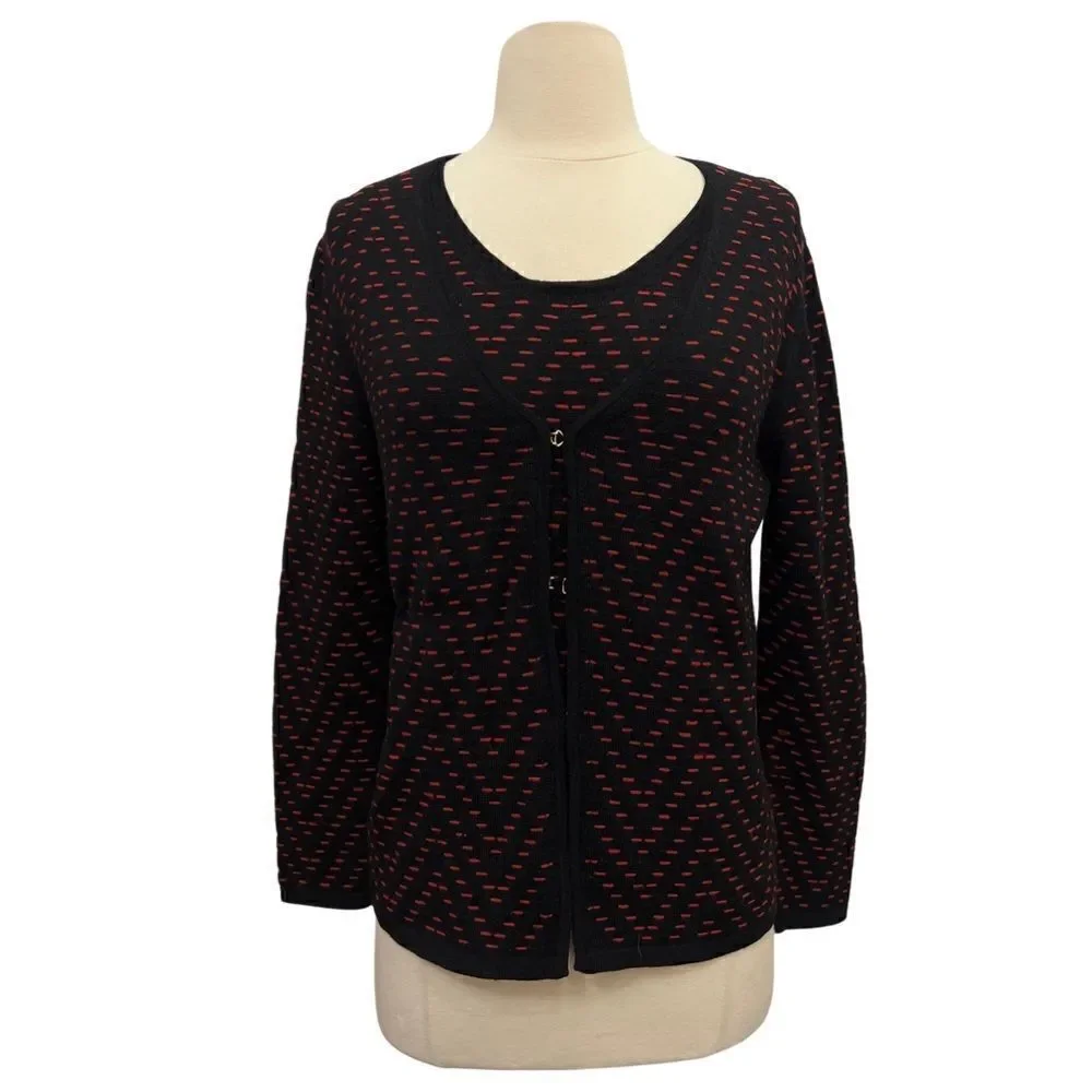 Lux Les Copains 2 Piece Textured Red Black Wool Cardigan and Sleeveless Blouse